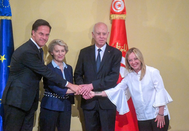 Tunisian President Kais Saied attending a meeting with Dutch Prime Minister Mark Rutte, European Commission President Ursula Von Der Leyen and Italian Prime Minister Giorgia Meloni at the Carthage Palace on July 16,2023, to discuss a proposed migration deal between the European Union (EU) and Tunisia (Tunisian Presidency/SIPA)//MAHJOUBYASSINE_SIPA.04064/Credit:Tunisian Presidency/SIPA/2307171736,Image: 789667582, License: Rights-managed, Restrictions: , Model Release: no