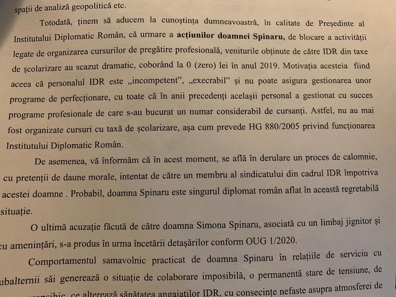 Fragment din memoriul angajaților Institutului Diplomatic Român