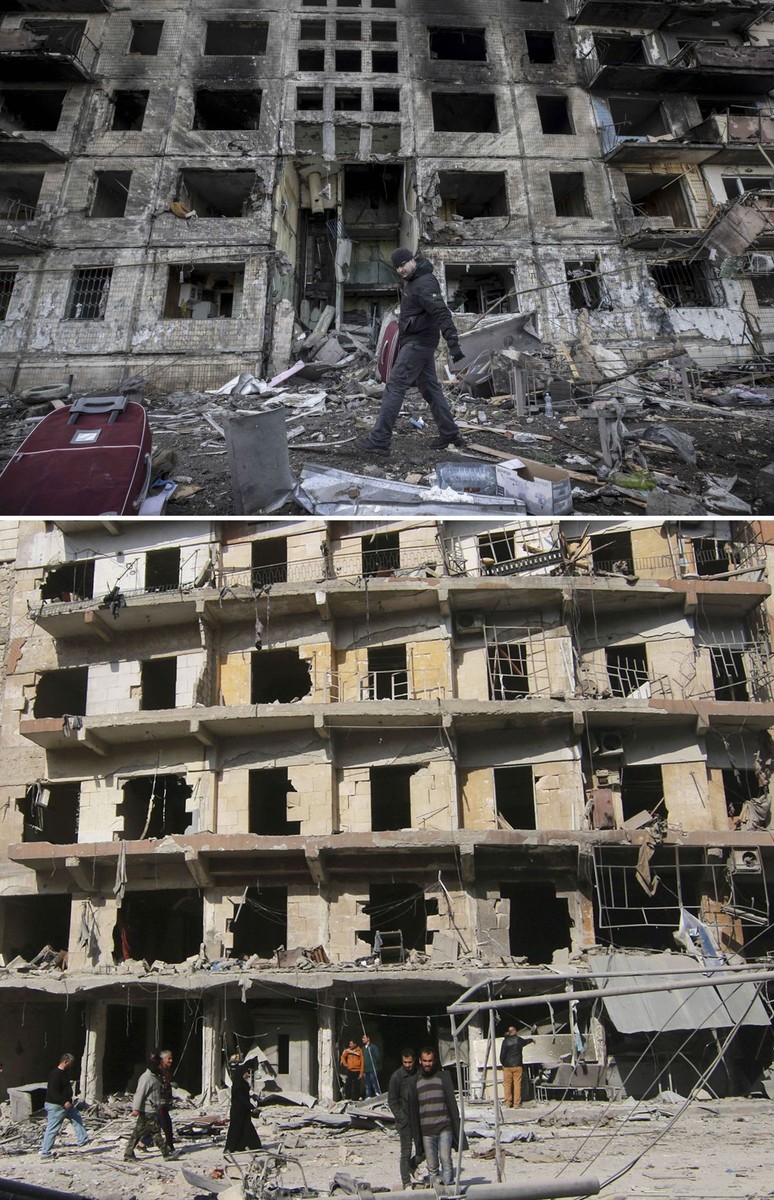 Colaj cu imagini din Kiev, Ucraina (sus), pe 14 martie, după un bombardament rusesc și Alep, Siria (jos), pe 16 noiembrie 2016, după un bombardament aerian | FOTO: EPA