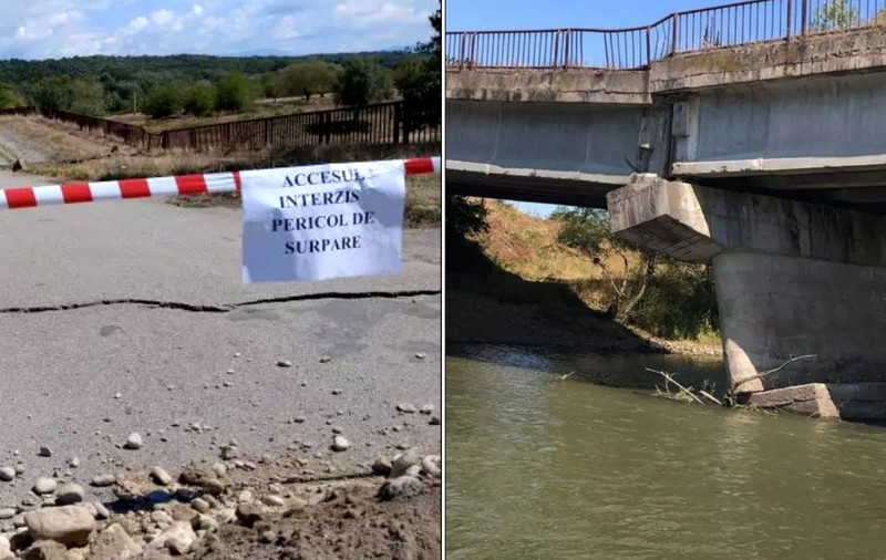 Un pod din Caraș-Severin s-a rupt. Autoritățile au oprit circulația, întreaga structură e în pericol de prăbușire