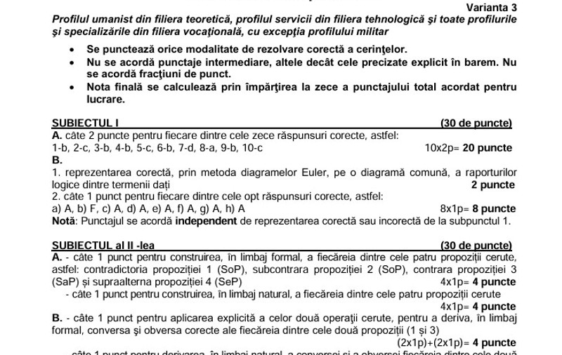 Subiecte BAC Logică 2026. Baremul de corectare a fost publicat
