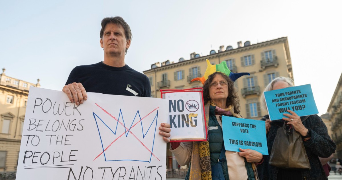 Imaginea surprinde trei protestatari, probabil în Europa, care țin pancarte cu mesaje politice în limba engleză. Mesajul principal mare este „POWER BELONGS TO THE PEOPLE NO TYRANTS” (Puterea aparține poporului, nu tiranilor), în timp ce celelalte pancarte fac referire la fascism și la istoria luptei pentru democrație.