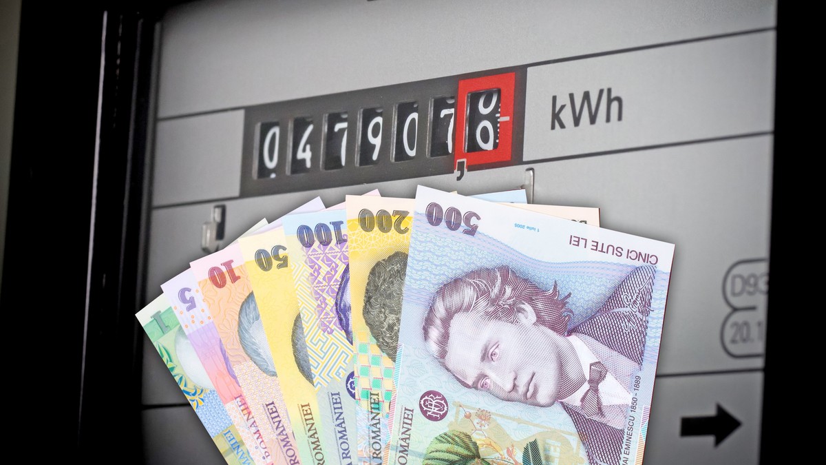 Un contor de energie pe care sunt suprapuse niște bancnote românești. Foto: Arhivă Libertatea