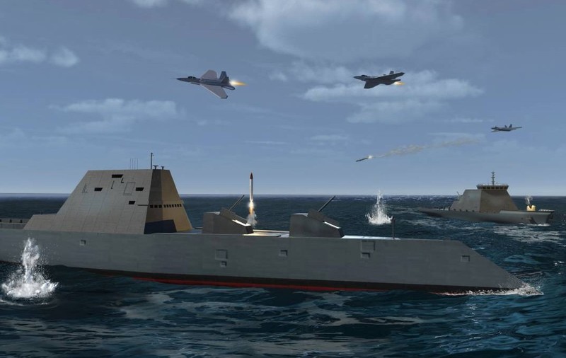 Randare 3D Bătălie navală între nave de luptă și avioane