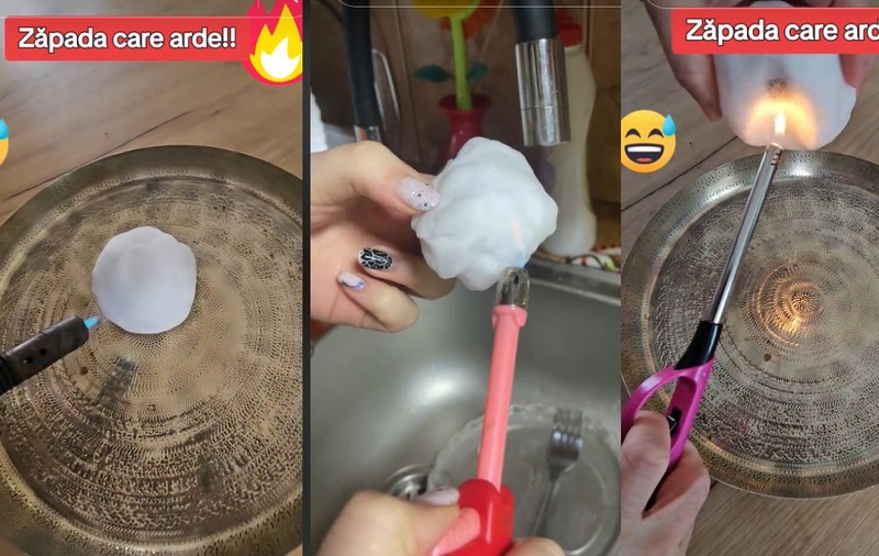 Românii dau foc la zăpadă, o ard pe grătar și ca să arate că e falsă fac teste în chiuvetă