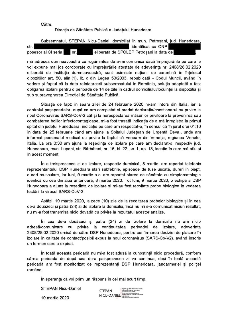Adresa prin care Dani Stepan face cunoscut, în mod oficial, celor de la DSP Hunedoara, cazul său. Prietena lui, Cristina Ciucu, alături de care așteaptă în izolare la domicliu rezultatele testelor bacteriologice,e în aceeași situație