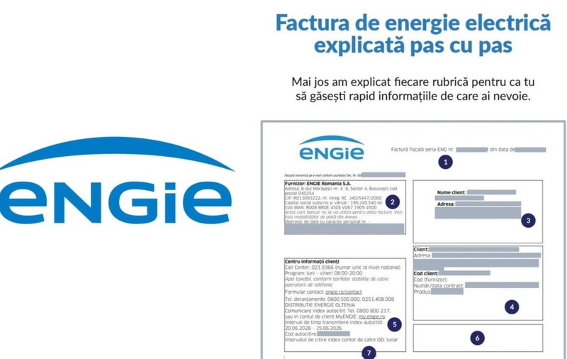 Un model de factură specimen Engie la energie, care are în stânga logoul companiei. Foto: Emngie România