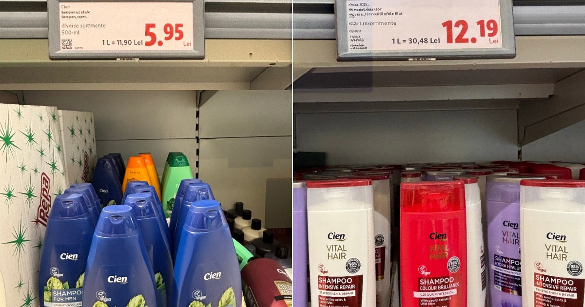 Colaj cu doua poze in care se afla sampoane pe rafturi