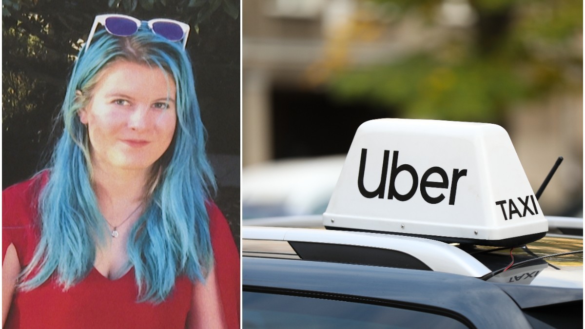 Colaj format din portretul unei tineri femei cu părul vopsit albastru pe partea stângă și o casetă luminoasă cu sigla Uber Taxi pe cupola unui autoturism pe partea dreaptă.