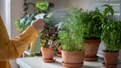 Femeie care udă cu un pulverizator plantele aromatice din apartamentul ei