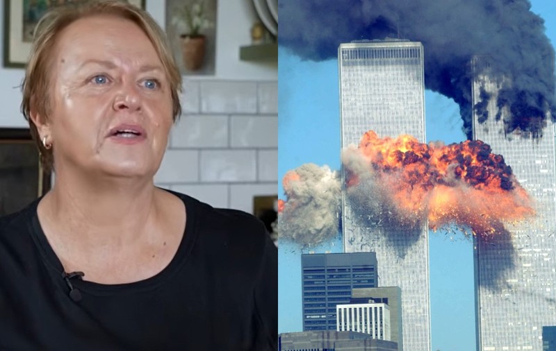 Un colaj cu două fotografii: în prima imagine este o femeie blondă cu părul scurt care poartă o bluză neagră și gesticulează, iar în a doua imagine este momentul exploziei din atentatele de la 11 septembrie