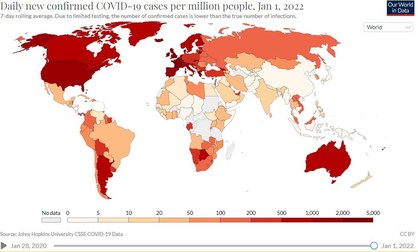 Harta cu cazurile COVID înregistrate în lume perioada 28 ianuarie 2020 - 1 ianuarie 2020 (foto captură ourworldindata.org)
