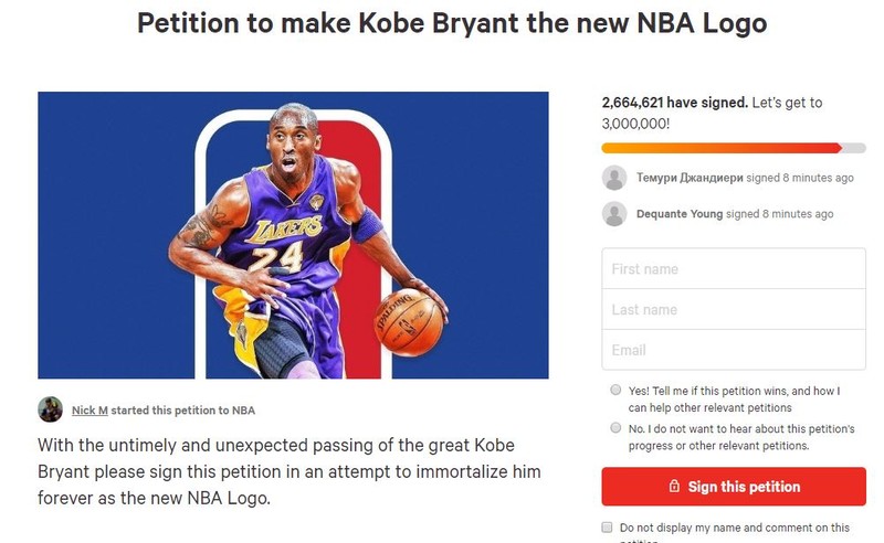 Captură de ecran cu petiția prin care se cere schimbarea logoului NBA cu imaginea lui Kobe Bryant