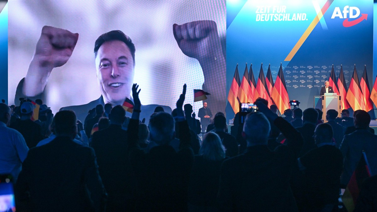 Multimiliardarul Elon Musk, într-o videoconferință la un miting de campanie al AfD Foto: Hepta