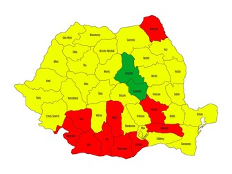 Cu galben - județele în care a câștigat Iohannis, cu roșu - județele în care a câștigat Viorica Dăncilă. Candidatul UDMR Kelemen Hunor a câștigat în județele Harghita și Covasna - marcate cu verde