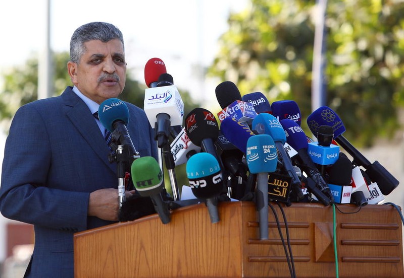 epa09101186 Head of the Suez Canal Authority Lt. Gen. Ossama Rabei speaks during a press conference in Suez, Egypt, 27 March 2021. The container ship Ever Given ran aground in the Suez Canal on 23 March, blocking passage of other ships and causing a traffic jam for cargo vessels. The head of the Suez Canal Authority announced that 'the navigation through the Suez Canal is temporarily suspended' until the floatation of the Ever Given is completed. EPA-EFE/KHALED ELFIQI