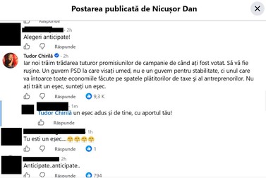 Tudor Chirilă a comentat la postarea de pe Facebook a președintelui. Sursa foto: captură Facebook / Nicușor Dan