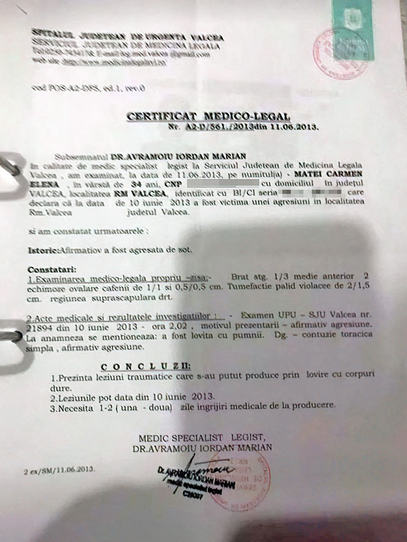 Certificatul medico-legal eliberat pe numele Carmen Matei