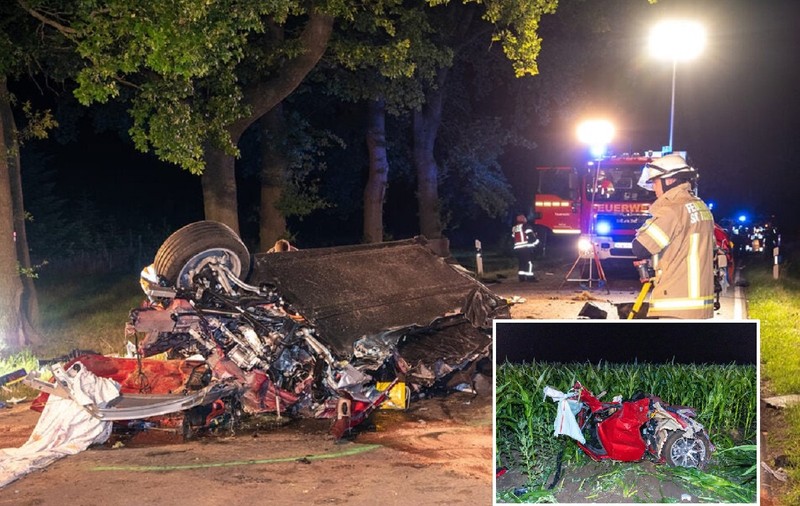 Autoturism Tesla rupt în două într-un accident de groază, pe o șosea din Germania. Șoferul era singur în mașină și a murit pe loc
