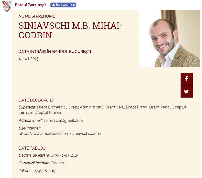 Mihai-Codrin Siniavschi, pe pagina Baroului