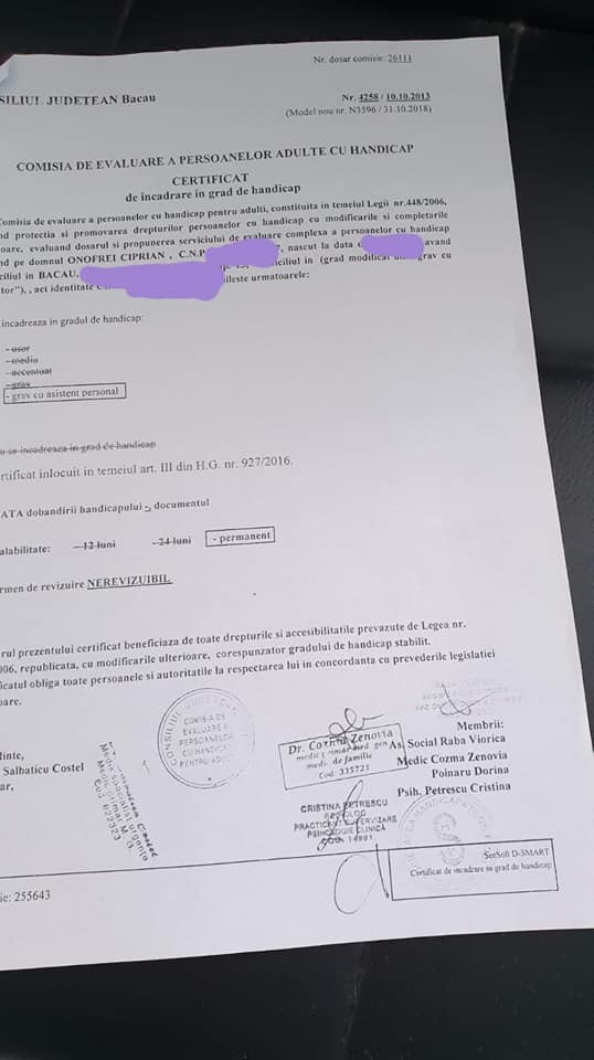 Documentul din 2013, în baza căruia Ciprian Onofrei a primit certificatul de handicap de nevăzător nerevizuibil FOTO: Facebook/ Emanuel Ungureanu