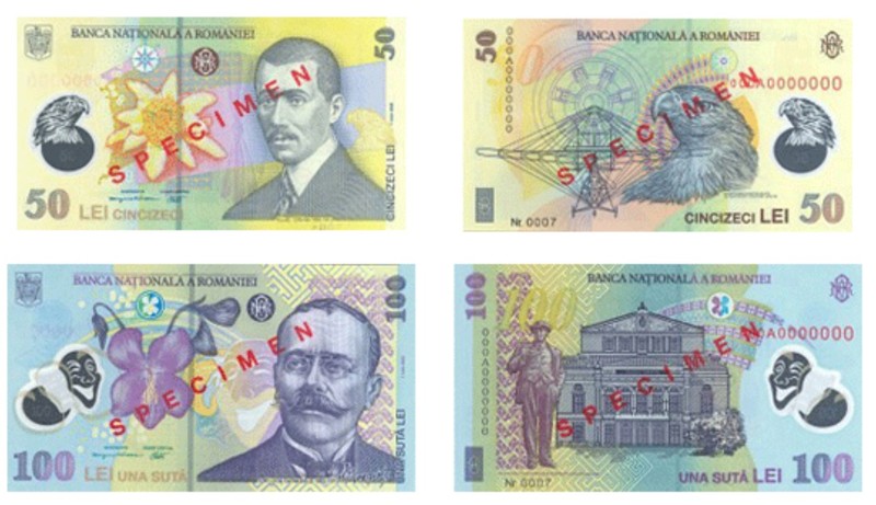 Bancnota de 100 de lei are pe verso statuia lui Ion Luca Caragiale din faţa Teatrului Naţional din Bucureşti