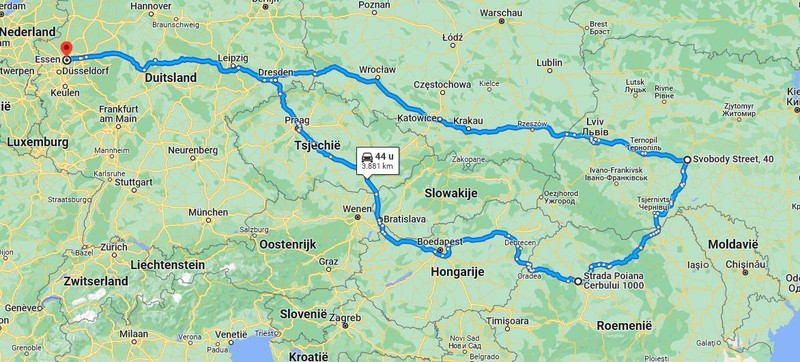 Europarlamentarul Guido Reil ne-a trimis traseul complet către Ucraina, pe care l-a făcut în perioada 10-15 martie 2022. Drumul are 3.896 de kilometri. În România, Guido Reil a înnoptat la Poiana Cerbului