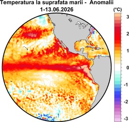 Anomaliile temperaturii la suprafața oceanului (SST) în Oceanul Pacific în perioada 1 – 13.06.2026. Valorile pozitive (roșu) indică încălzirea apei de suprafață în Pacificul central și estic, factor declanșator al evoluțiilor atmosferice globale