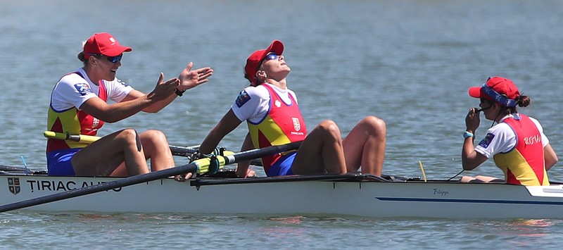 epa05995234 (L-R) Adelina Bogus, Laura Oprea and Daniela Druncea from the Romanian Women?s Eight react after winning the Women?s Eight final during the Rowing European Championships in Racice, Czech Republic, 28 May 2017. EPA/MARTIN DIVISEK