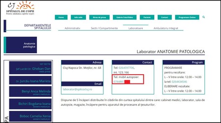 Același Mureșan, autopsier la Spitalul de Pediatrie. Numărul de telefon e același cu numărul trecut în anunțurile firmei de pompe funebre