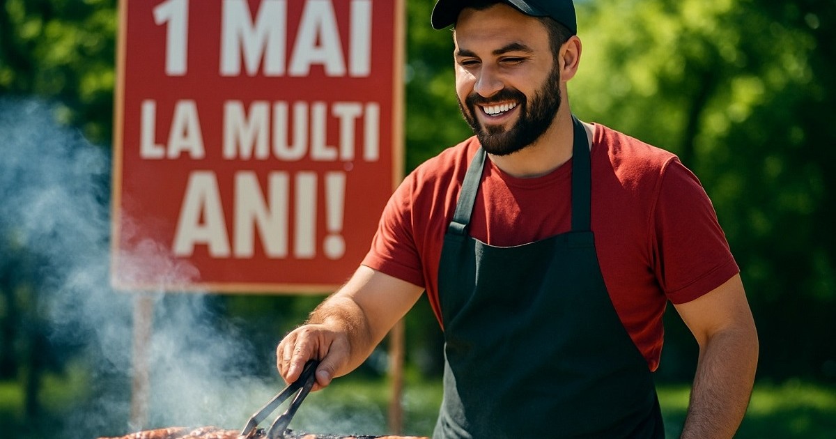 1 Mai, Ziua Muncii - cum a apărut sărbătoarea și ce semnificație are - Imagine cu un bărbat care face mici la grătar, în aer liber, având în spate o pancartă pe care scrie 1 Mai La Mulţi Ani.