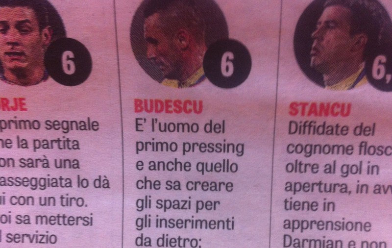 Budescu îl atacă pe Cornel Dinu, care-l ironizase fiindcă aleargă pe loc, ”din sufragerie în bucătărie”. ”O fi citit și dânsul Gazzetta dello Sport? Vorbește urât de toți!”