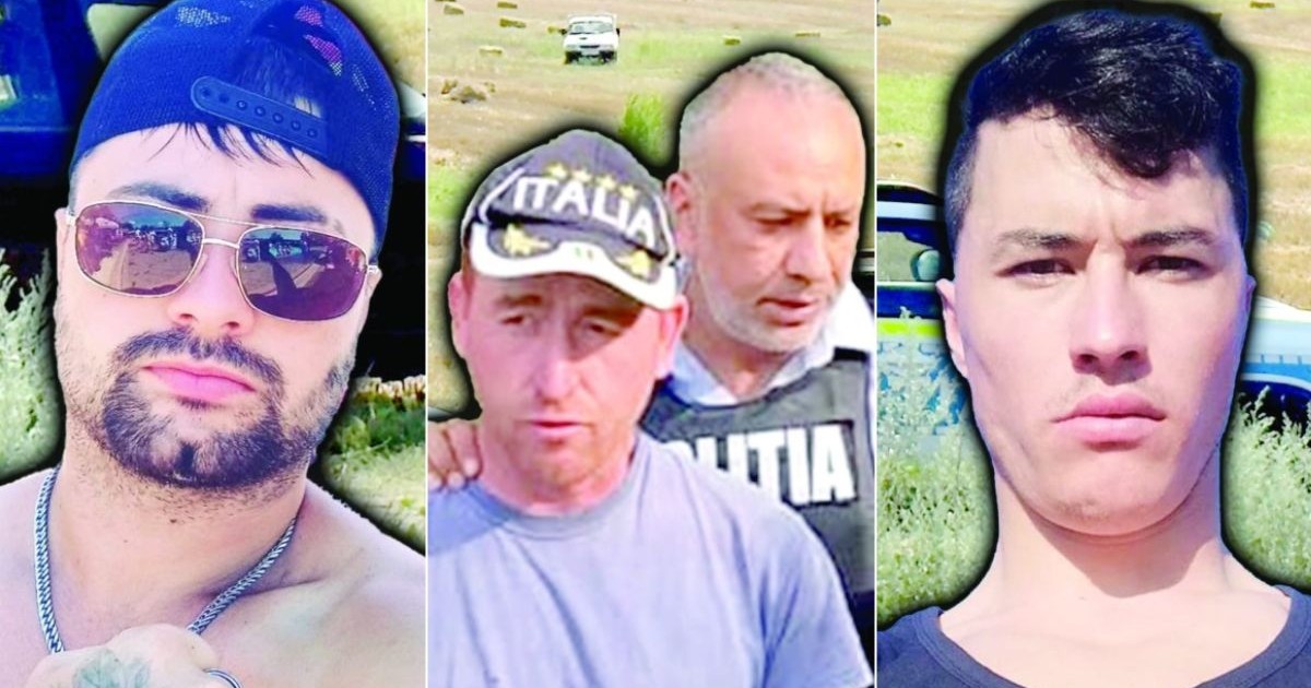 Colaj foto cu Mihai Savin, în stânga, cu ochelari de soare și o șapcă albastră pe cap, Cătălin Răzmeriță în centru, cu un tricou gri și o șapcă pe cap, ținut din spate de un polițist, și în dreapta Alexandru Ciocârlan, cu un maiou de culoare neagră