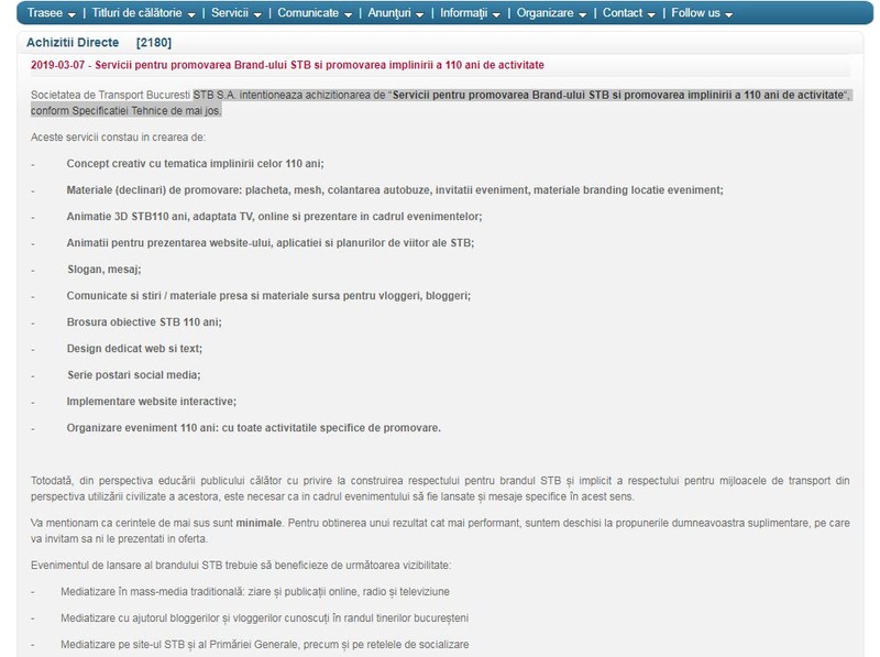 Captură de ecran cu anunțul de pe site-ul STB în care anunță că vor să cumpere servicii de promovare pentru campania STB 110 ani