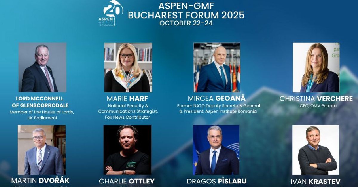Afiș cu fotografii și nume ale mai multor vorbitori la un eveniment Aspen Institut România