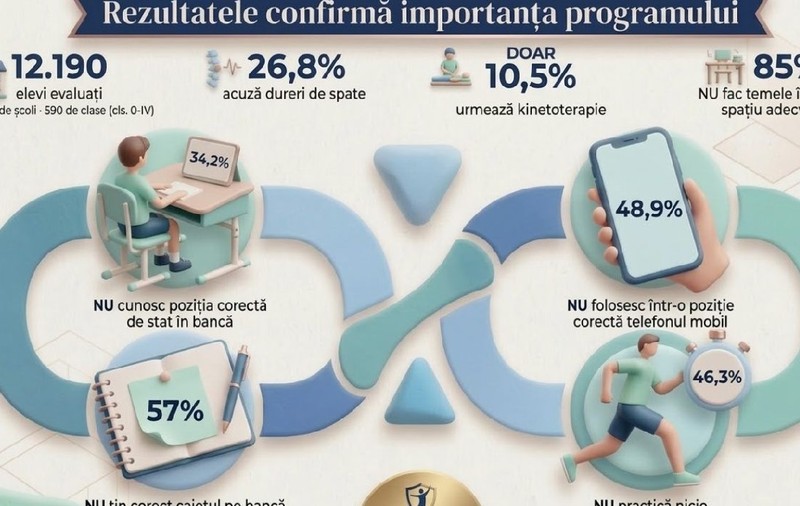 Un elev din 4 nu știe să stea în bancă și are dureri de spate, iar jumătate dintre școlari utilizează incorect telefonul. #StaiDrept, programul care va evalua 50.000 de copii din școli