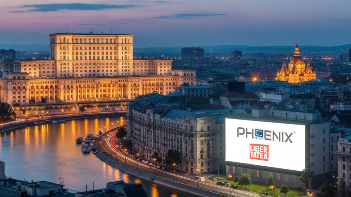 Un panou digital aflat pe un bulevard din București pe care se văd logo-urile Libertatea și Phoenix Media, pe fundal alb, iar în distanță se văd clădirile din București