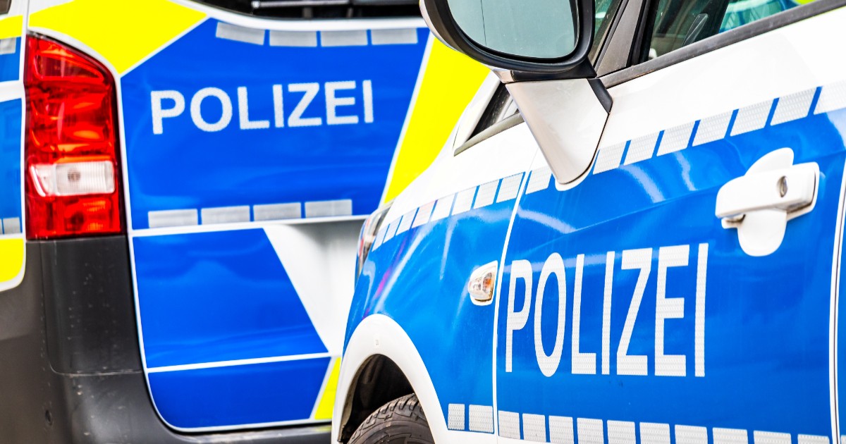 Două mașini de poliție parcate. Pe acestea scrie cu litere mari POLIZEI
