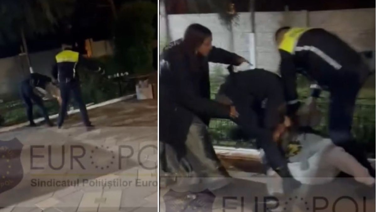 Colaj din două fotografii care arată momentul în care polițista din Slatina este părutiă în timpul intervenției