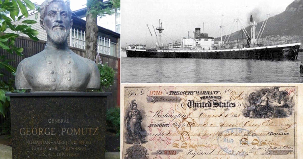 Colaj format din bustul generalului George Pomuț, Nava construită din donațiile comunității românești din America, denumită după numele eroului de origine română, nava G. Pomutz, Cecul prin care SUA a plătit Rusiei banii pentru Peninsula Alaska