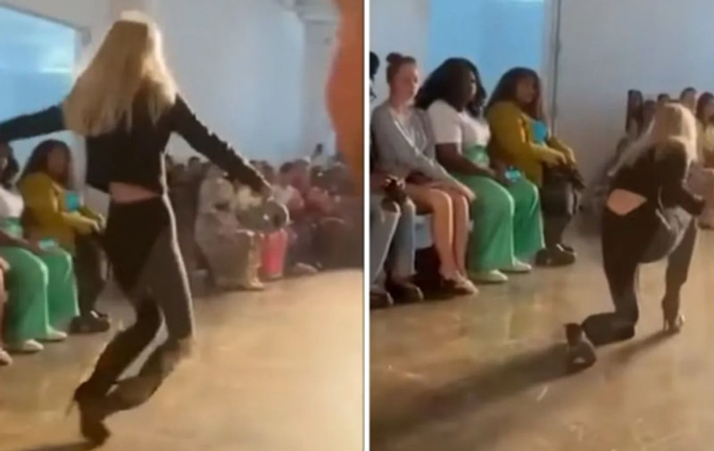 Un model care defila în cizme cu toc stiletto a căzut de două ori, la Săptămâna Modei de la New York. La final, a apărut desculță pe podium