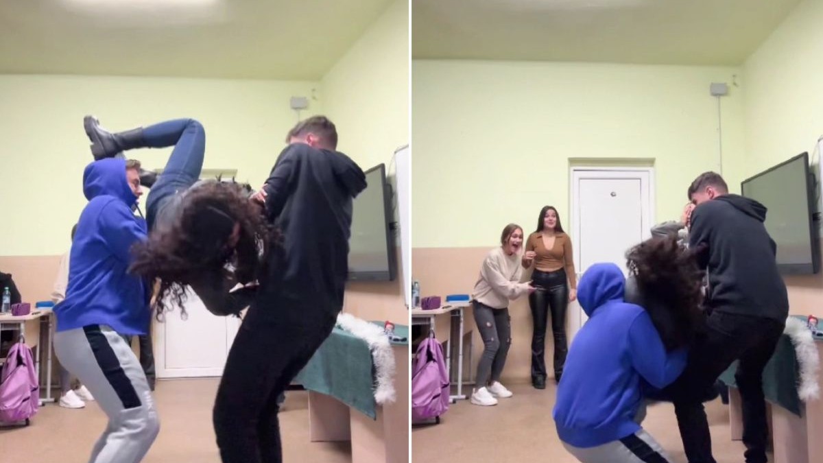 Colaj foto cu elevi într-o sală de clasă în timp ce fac provocarea Superman Challenge de pe TikTok și sunt filmați cu telefonul mobil