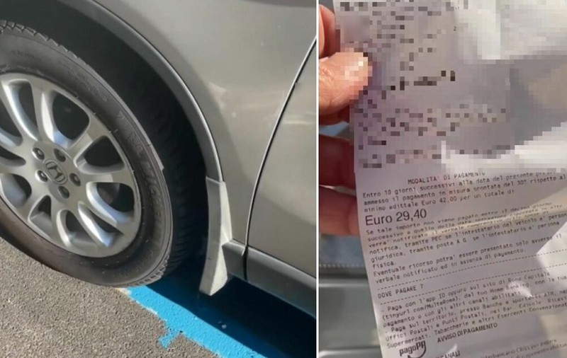 Două cadre ce prezintă, în stânga, roata și aripa unui autoturism parcat, iar în dreapta, o înștiințare de plată a unei amenzi de circulație din Italia (în valoare de 29,40 Euro), tipărită pe hârtie termică, având datele personale blurate.