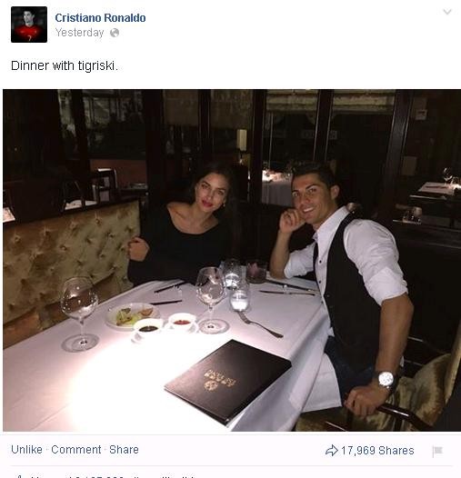 CR7 şi Irina cină romantică. foto: Facebook.com