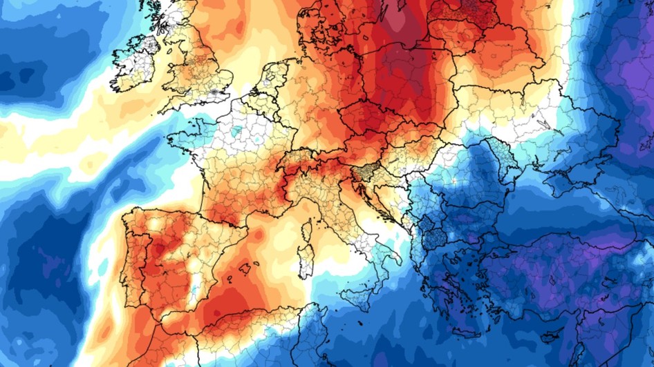 O hartă meteorologică a Europei ce indică variațiile de temperatură, evidențiind zone cu valori mai ridicate marcate cu roșu în Europa Centrală și de Vest și zone cu aer mai rece colorate în albastru în sud-estul continentului.   