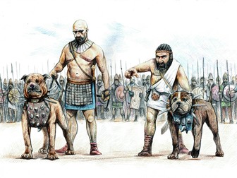 War dogs of ancient Assyria. Assyrian army before the Battle. Historical illustration.