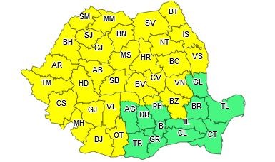Harta cu județele afectate de Codul Galben din 21 iunie