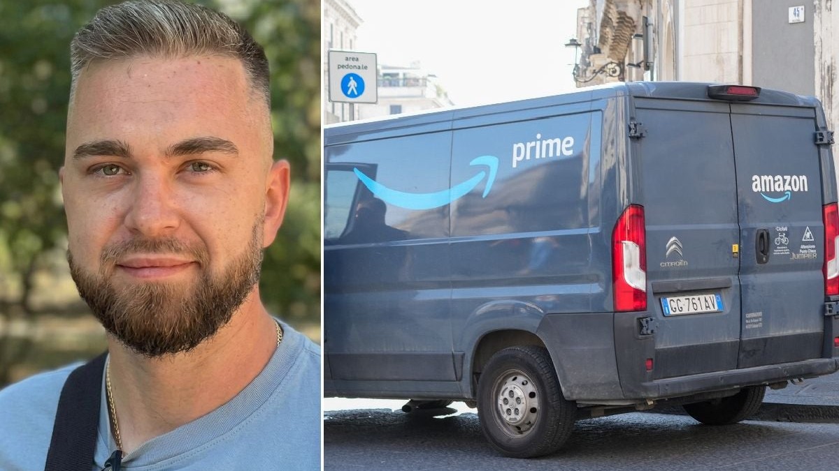 Imaginea este un colaj din două fotografii. În partea stângă: Un portret de aproape al unui bărbat tânăr, cu barbă și păr scurt, purtând un tricou albastru deschis. În partea dreaptă: O autoutilitară de culoare gri-albastru, parcată pe o stradă, care poartă însemnele Amazon Prime și are o plăcuță de înmatriculare italiană.