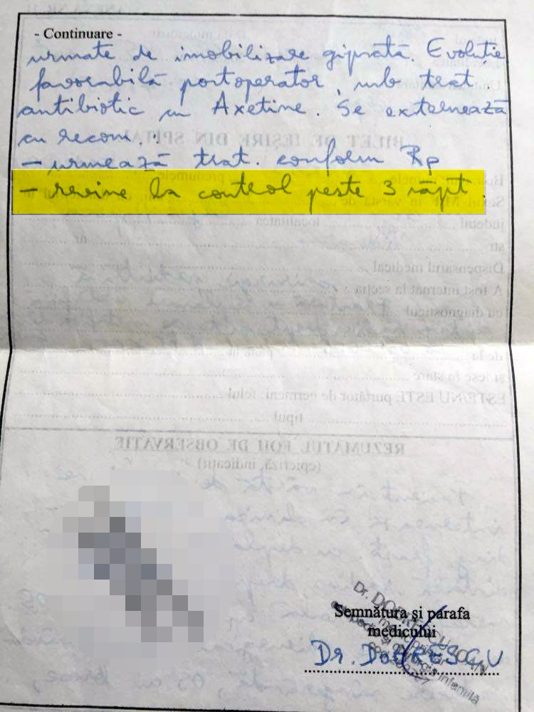 Familia a păstrat biletul de ieșire. La fel ca la alți pacienți, recomandarea era să vină la 3 săptămâni