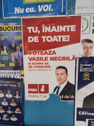 Negrilă pe afișul electoral al PSDI (Partidul Social Democrat Independent)